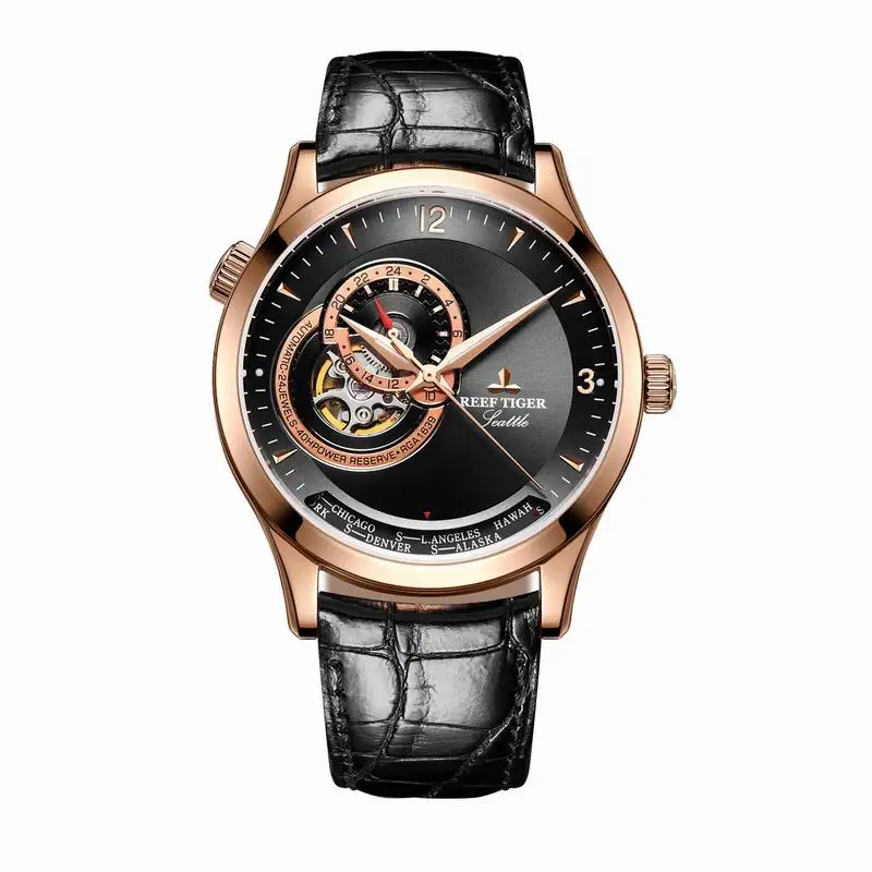Риф Тигр/RT повседневные автоматические часы для мужчин розовое золото синий циферблат часы кожаный ремешок RGA1693 - Цвет: RGA1693-PBB