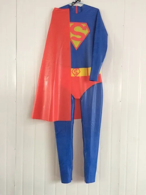 

Latex Rubber Handsome Superman Belt Cape Bodysuit Catsuit Size XXS-XXL