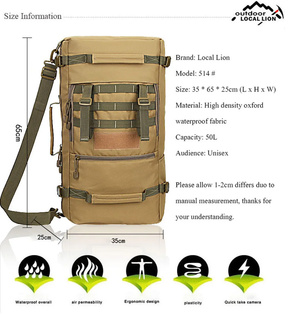 Bolsas de Acampamento Viagem dos Homens Quente Qualidade Superior Nova Militar Tático Mochila Montanhismo Bolsa Caminhadas 50l Mod. 1261637 11 Mochilas escal.