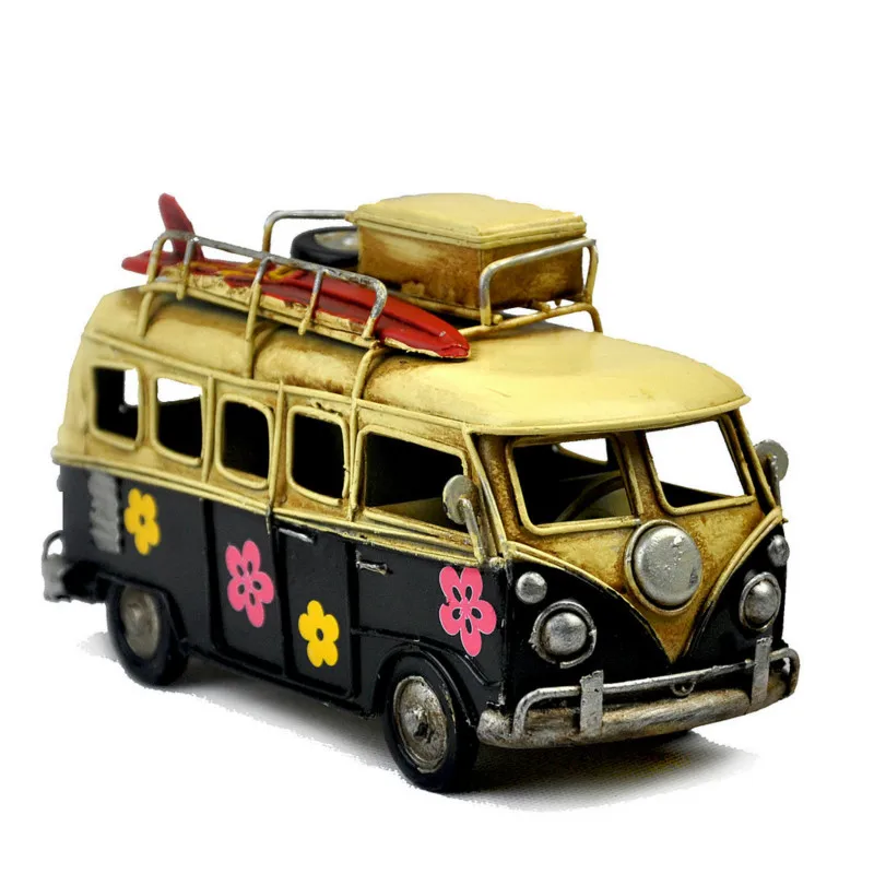 Старинный автомобиль античный Цвет автобус Ретро цветок картина с изображением автобуса металлическая модель ручной работы кемпинг автомобиль караван для ребенка девочка подарок на день рождения