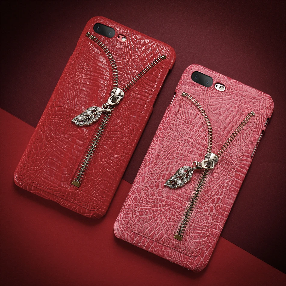 Zipper Leather Case For iPhone 6 6S 7 Plus 5 5S Rhinestone Leaf Crocodile Pattern (8)