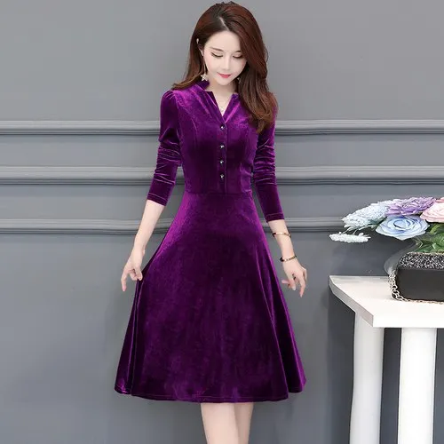 Stinlicher, весенне-осеннее женское бархатное платье с длинным рукавом и v-образным вырезом, винтажные Ретро платья, элегантные вечерние облегающие платья с высокой талией - Цвет: Фиолетовый