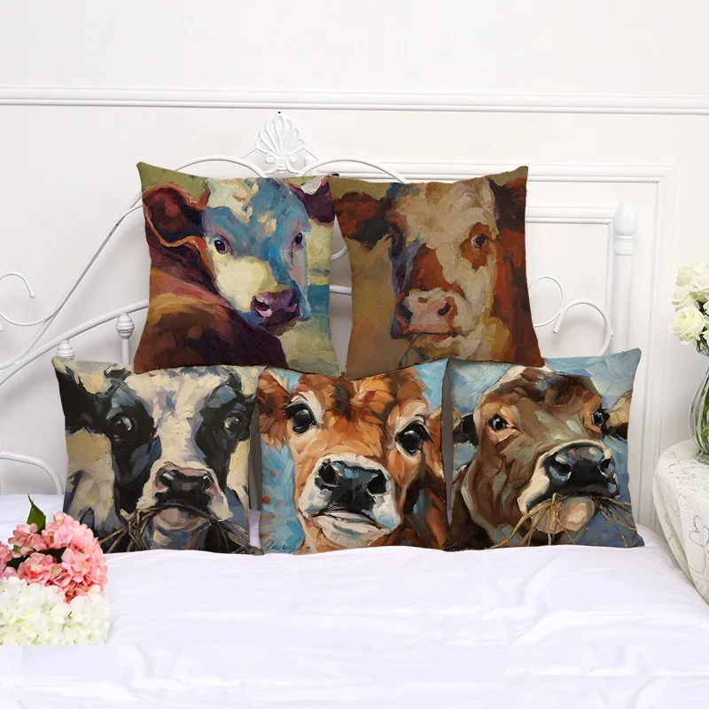 

Oil Painting Cow Linen Pillow Cushion Cover Home Couch Decorative Pillow Case 45x45cm Almofada Capa Cojines