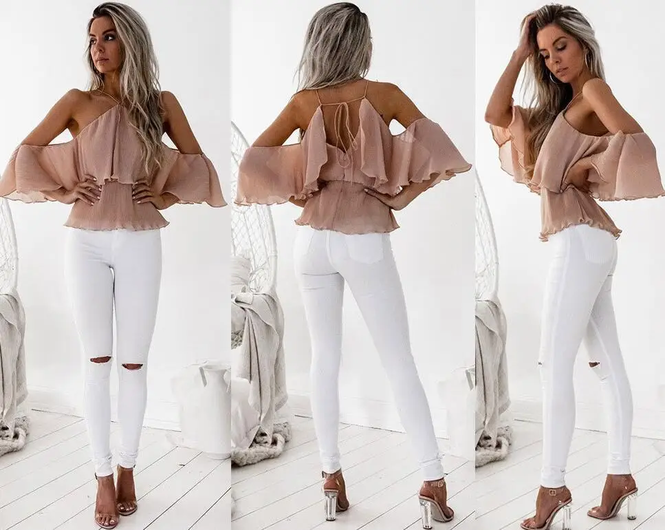 

New 2019 Summer Fashion Sexy Halter Shirt Asymmetrical Slim Flare Sleeves Backless Shirt Solid Colour Tops Clothes For Women