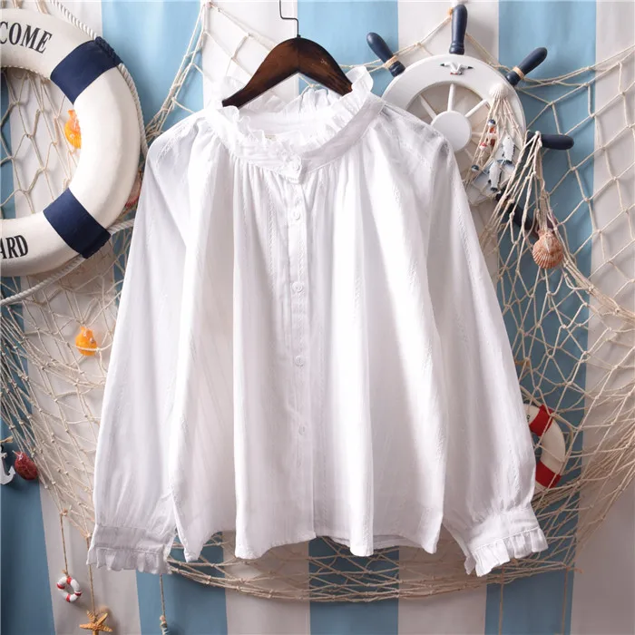 

Japan Mori Girl Cute Lace Ruffles Stand Collar Long-sleeved Loose Cotton White Shirt Top Preppy Style White Shirts Women Blouse