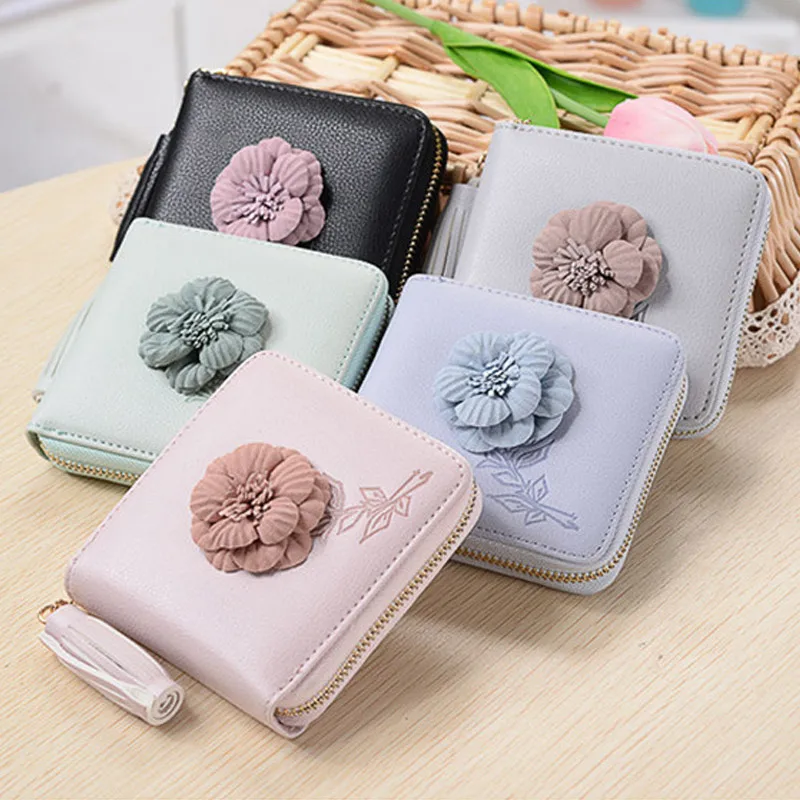 Short Tassel Zipper Wallets for Female Large capacity Cute Flower