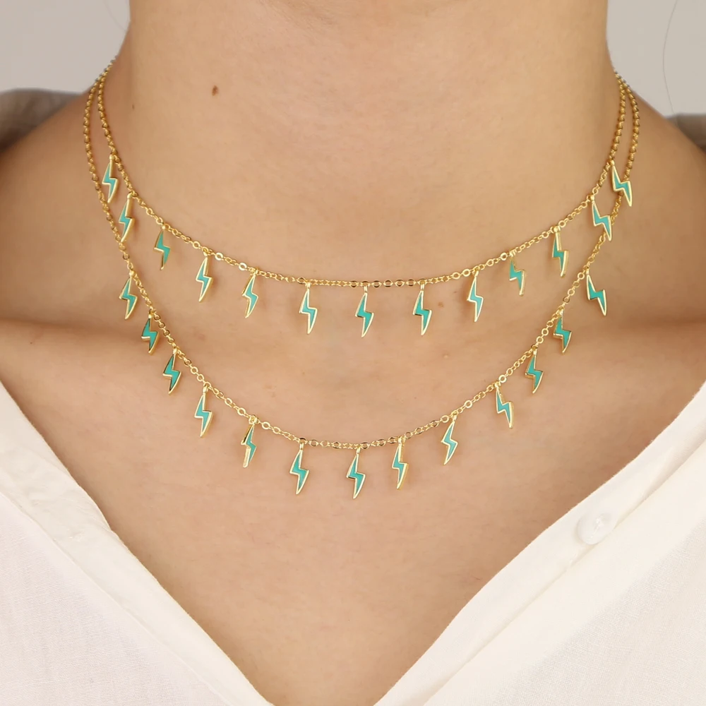 

2019 new arrived Blue Enamel Gold lightning Bolt dangle charm choker necklace 925 sterling silver summer fashion jewelry