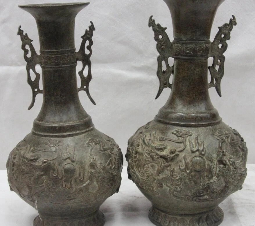 

Chinese Dynasty palace Copper bronze Two dragon play bead statue Vase Jar pair