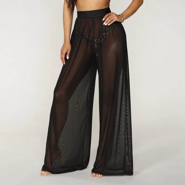Les femmes voient à travers Boho Wide Leg High Waist Trousers Beach Long Loose Mesh Sheer Pants Hot 1