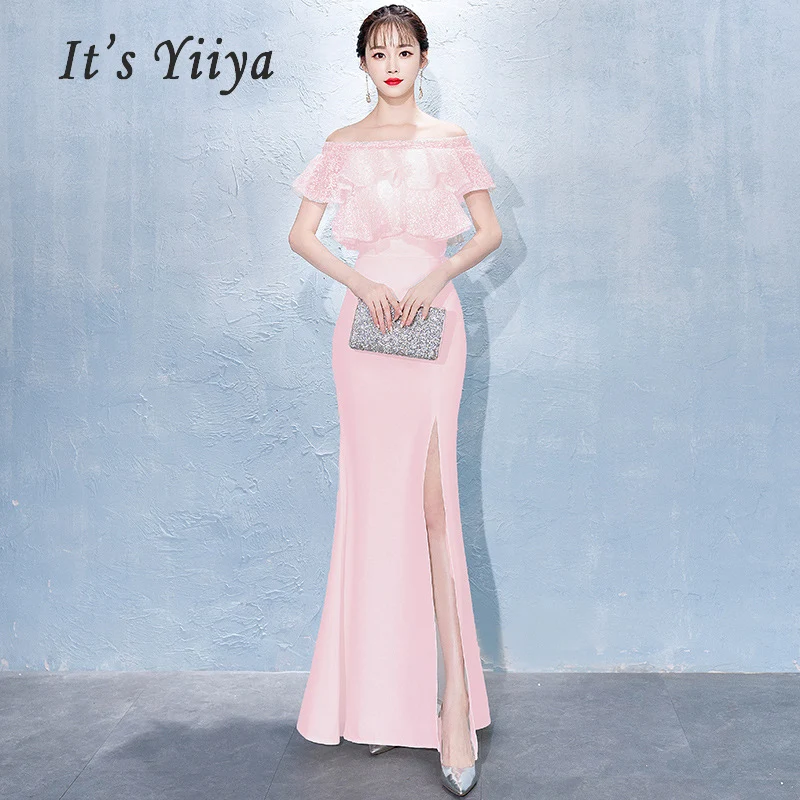 

Evening Dress 2019 Plus Size Boat Neck Robe De Soiree Women Party Dress Elegant Tiered Split Long Elegant Formal Dresses E335