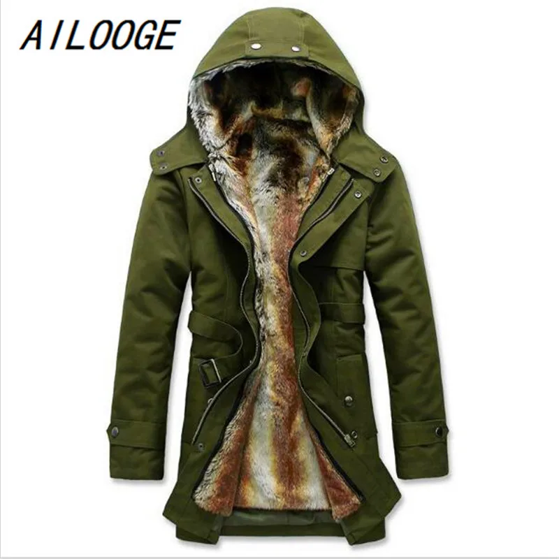 

AILOOGE 2017 Mens Hooded Pea Coats with Velvet Winter Windbreaker Thicken Mens Down & Parkas Coats European and American Style