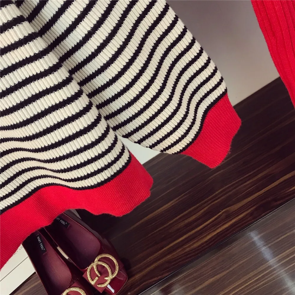 Amolapha Женский вязаный полосатый джемпер с рисунком персонажа, топы, свитера+ тонкие юбки, комплект одежды из 2 предметов, Sui