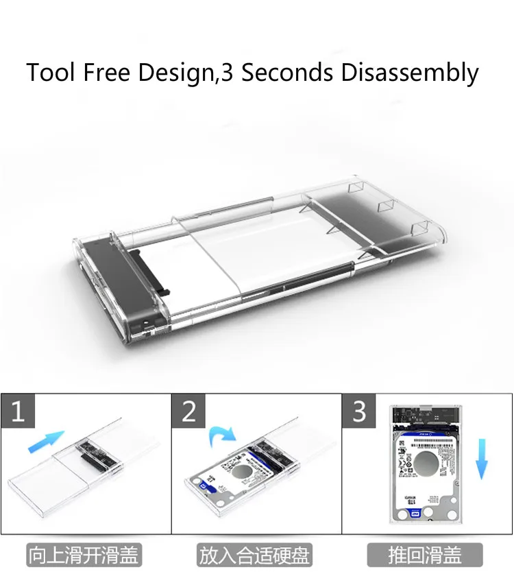 2,5 дюймов USB3.0 to Sata 3,0 без инструментов 5 Гбит/с коробка корпус жесткого диска поддержка UASP протокол для 2 ТБ 2," HDD SSD