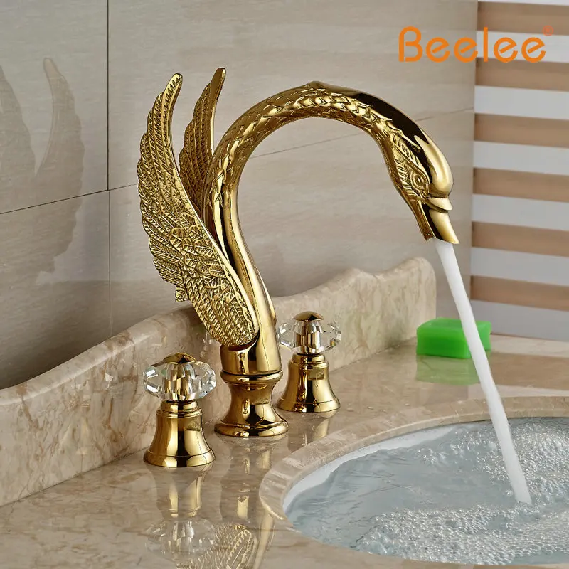 

Luxury Swan Golden Basin Faucet Tap Deck Mount Dual Cristal Handles Bathroom Mixer Water Faucets