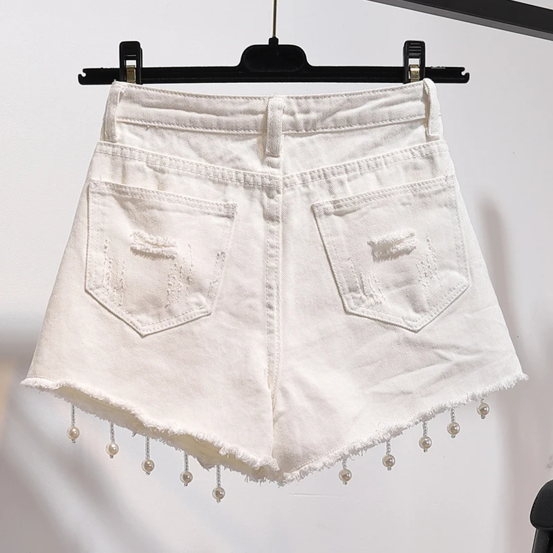 Модные женские летние джинсовые шорты с жемчугом и бисером размера плюс 5XL, свободные шорты с дырками и высокой талией, 2 цвета