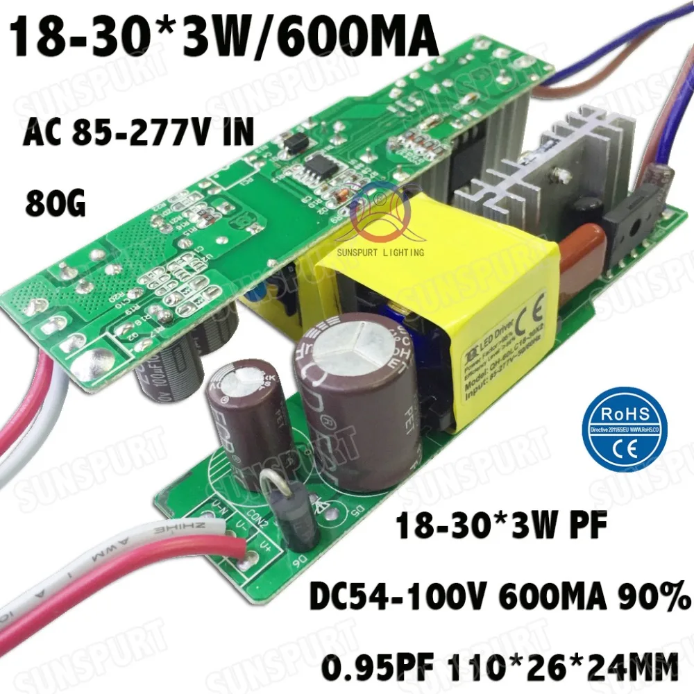 Высокая PFC изоляция 60 Вт AC85-277V светодиодный драйвер 18-30x3W 600mA DC54-100V постоянный ток Светодиодный источник питания прожектор