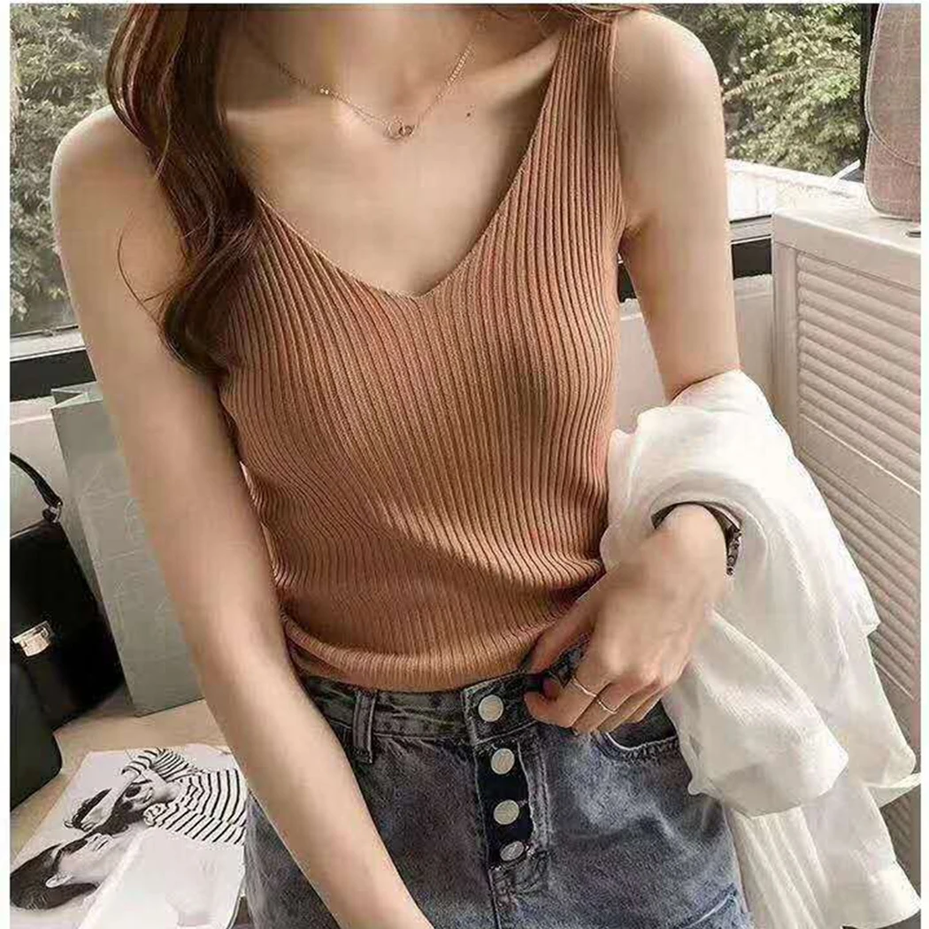 

Women Sleeveless Knitwear Shirt Tunic Summer Thin Knitted Tank Tops Sexy Casual V Neck T-Shirts Camisole Multicolors Soft Blusa