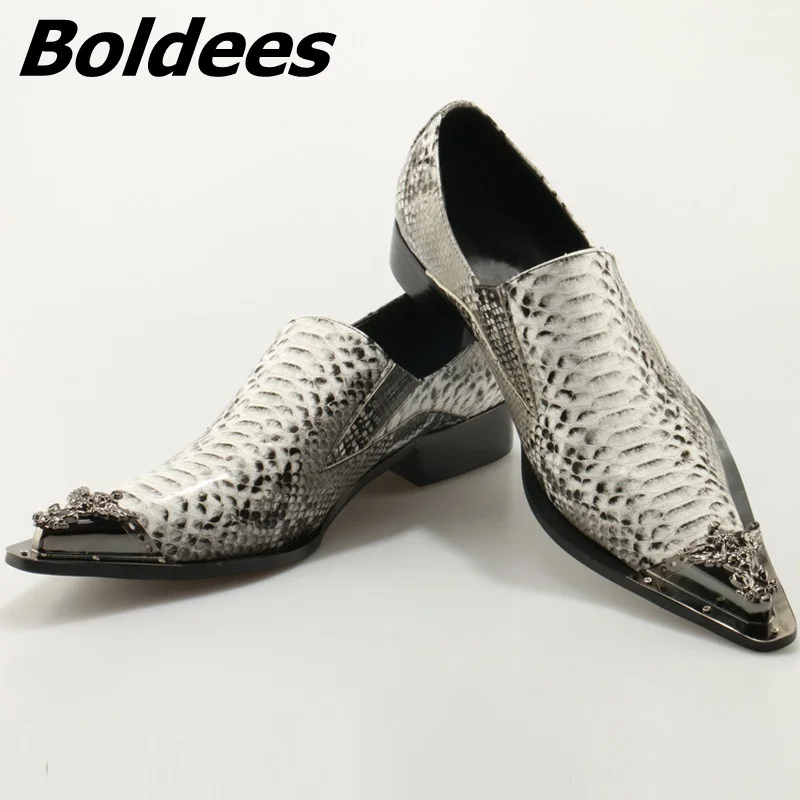 Boldees VChaussure Homme корейский стиль Мужские модельные туфли из металла острый носок оксфорды Туфли без каблуков Для Мужчин серый змеиной кожи