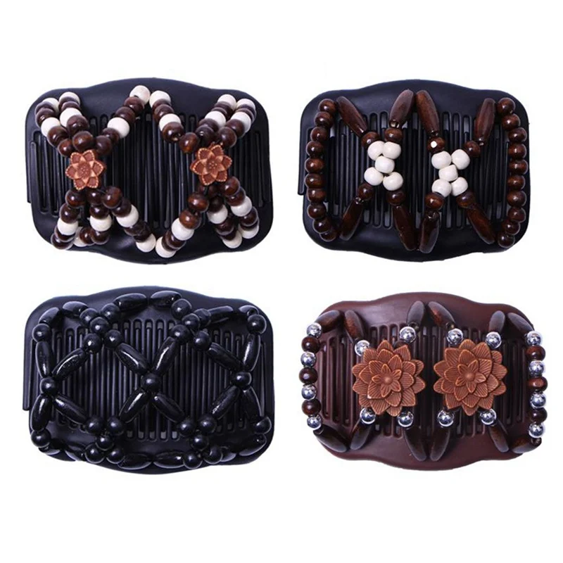 

Retro Double Beaded Hair Magic Comb Clip Beads Elasticity Hairpin Stretchy Hair Combs Pins for Women Hair Accessories