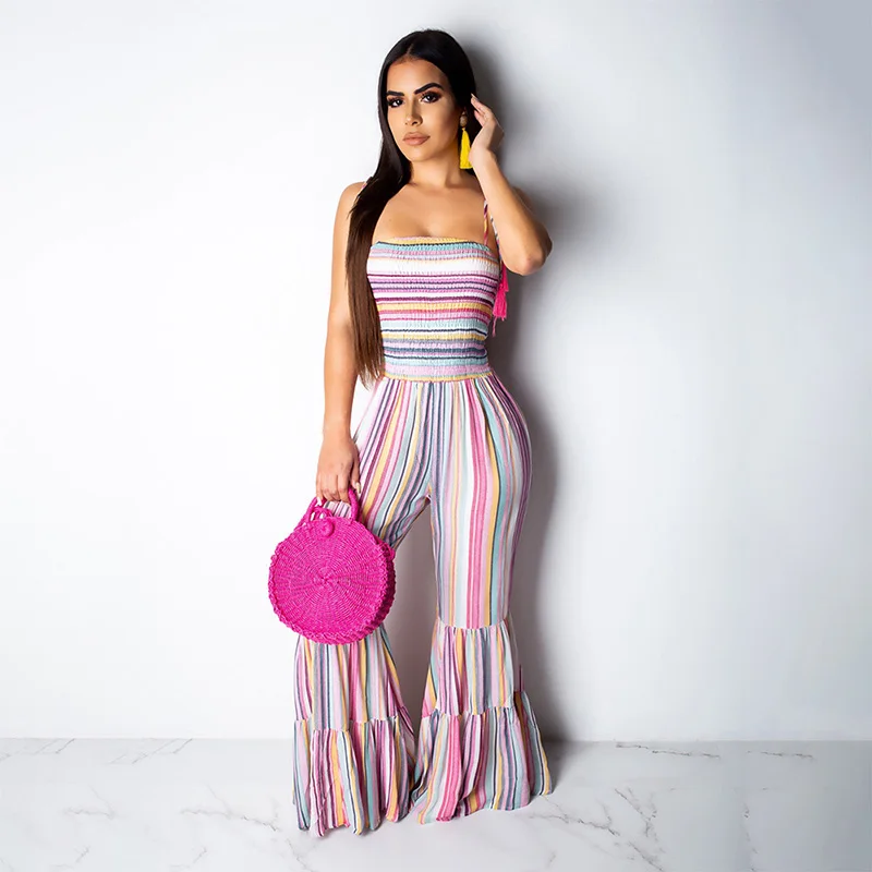 Echoine Spaghetti Straps Jumpsuit Colorful Striped Boot Cut Pants Playsuit Rompers Womens Jumpsuit Overalls Plus Size 2XL Echoine Spaghetti Straps Jumpsuit Colorful Striped Boot Cut Pants Playsuit Rompers Womens Jumpsuit Overalls Plus Size 2XL
