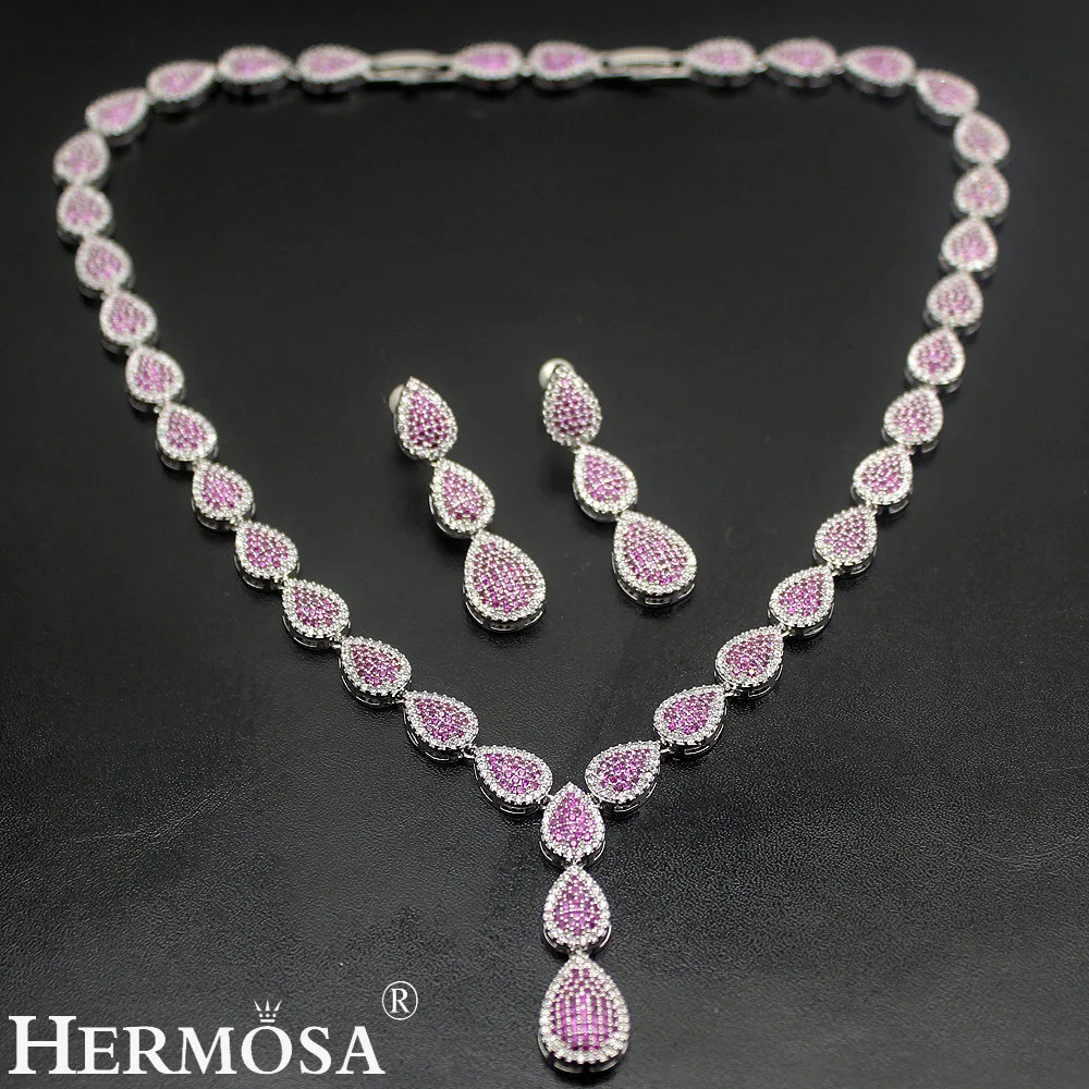 

HERMOSA jewelry New Wedding accessories Fashion 925 Sterling Silver RED Drop shape Necklace Earrings set ST99
