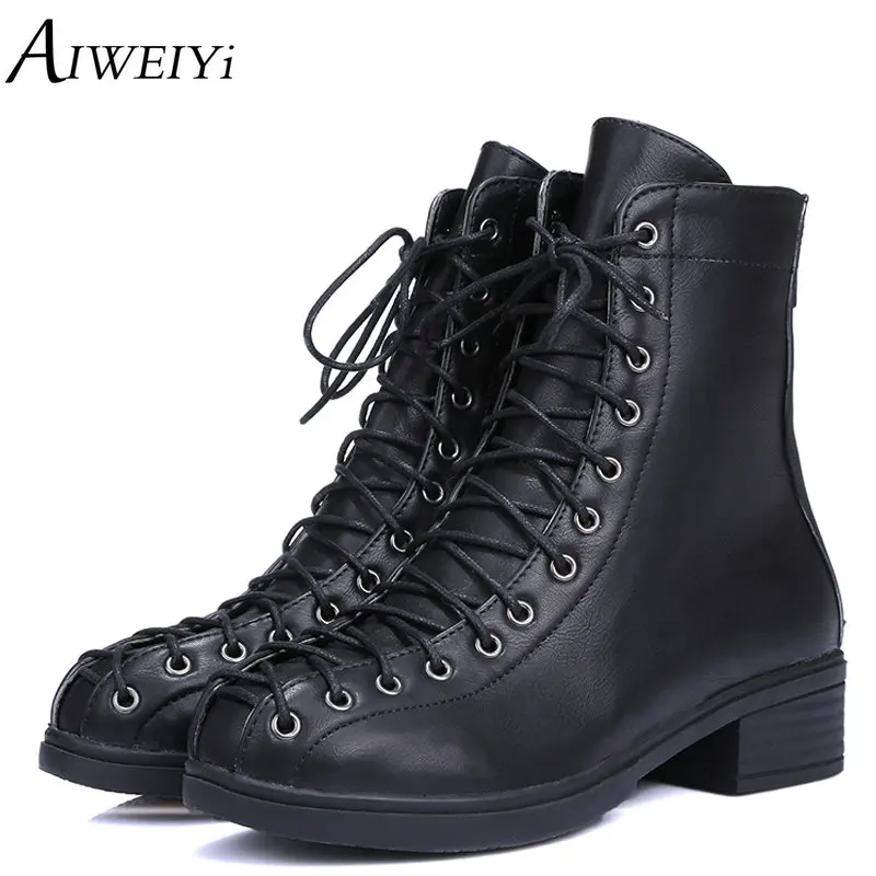 

AIWEIYi Black Platform Martin Boots Women Autumn Winter Thick Heels Shoes Lace Up Ankle Boots Fur Motorcycle Boots Botas Mujer