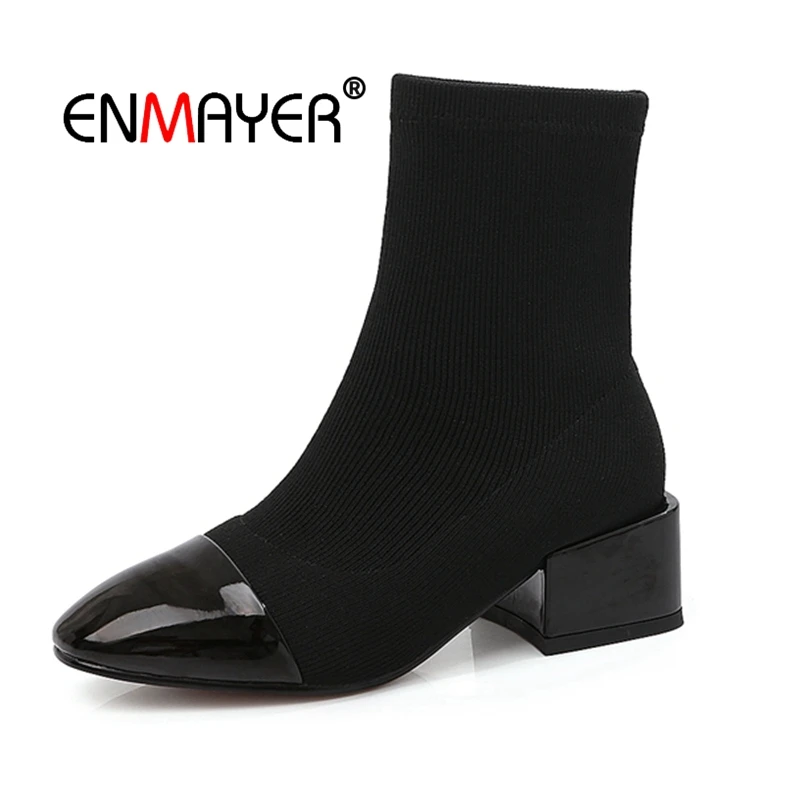 

ENMAYER Woman Ankle boots Winter Shoes Square toe Short boots Black Size 34-39 Causal Flock Med heels Slip on Thick heels CR1616