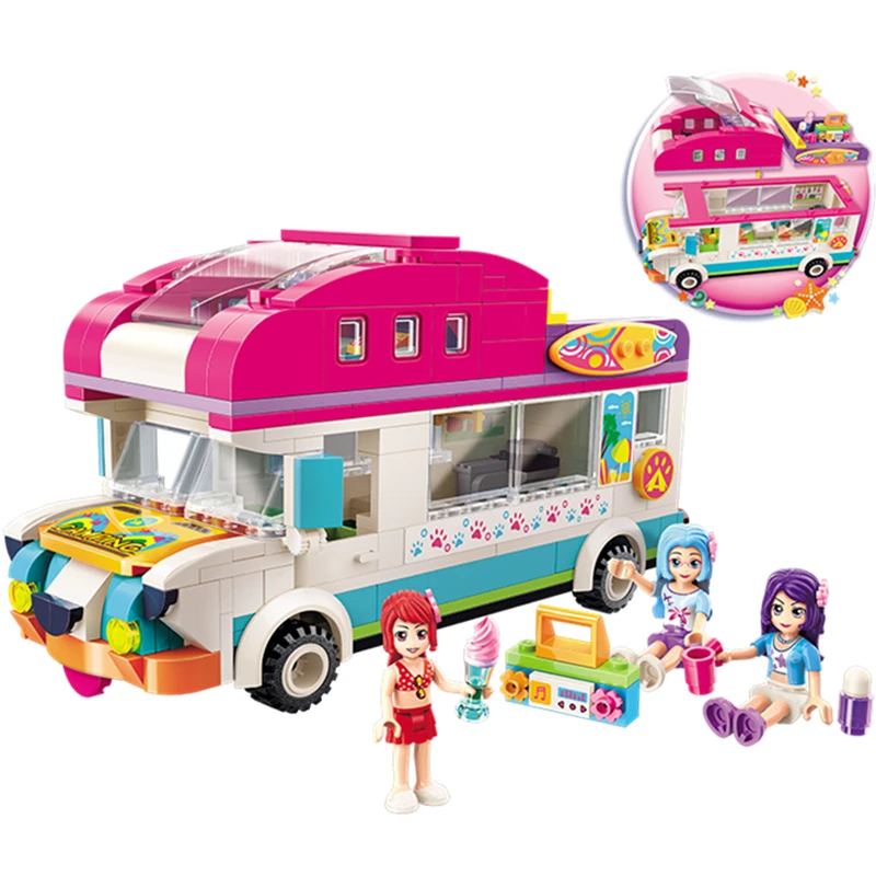 

ENLIGHTEN Girls Seaside Dog Camping Recreational Vehicle Ice Cream Beach Car Radio Building Blocks Sets Bricks Legoings Friends