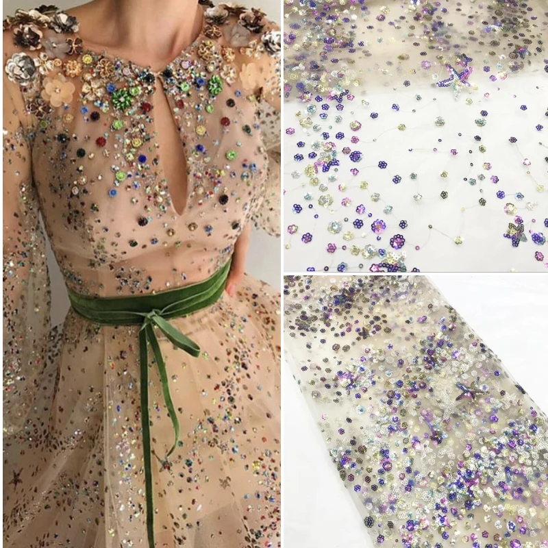 

2019 Latest Luxury Multicolored lPolka dots and stars Sequins mesh embroidery lace fabric party gown African french lace fabric