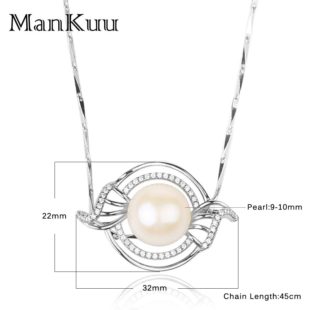 ManKuu 925 Sterling Silver Pendant Round Shape 9-10mm Freshwater Pearl Pendant Necklace Mirco Pave Diamond Necklace For Women Fine Jewelry