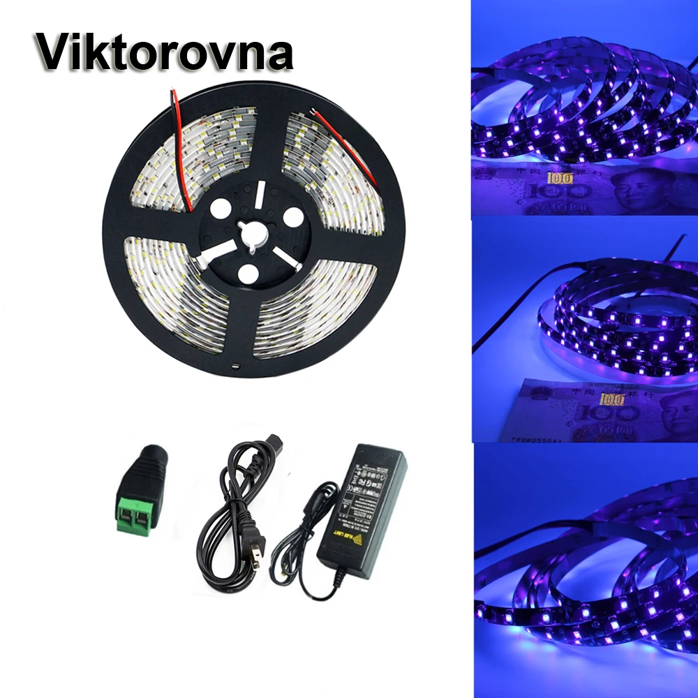 

uv blacklight 5050 3528 SMD led strip light 395nm-405nm 5m WaterProof UV Black Light + 12v power adapter Ultraviolet Tape lamp