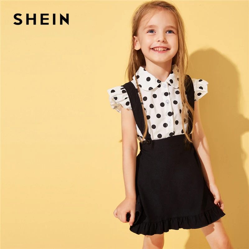 

SHEIN Toddler Girls Polka Dot Cap Sleeve Blouse With Ruffle Hem Skirt Preppy Outfits 2019 Summer Black And White Casual Suit Set