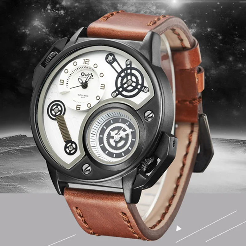 

Oulm New Arrive Unique Design Male Quartz Watch Two Time Zone Sports Men's Watches PU Leather Casual Men Military Wristwatch