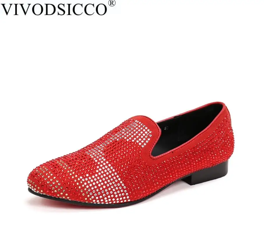 VIVODSICCO/Новинка; кисть в виде одуванчиков; кожаная обувь на плоской подошве; модные мужские лоферы со стразами; модельные туфли; мужская повседневная обувь с острым носком и стразами - Цвет: Красный