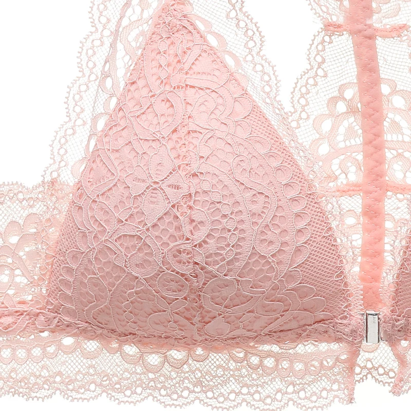 Goedkoop Sexy Kant Roze Beha en Panty Set Padded Lingerie Draad gratis Voorsluiting Plunge Beha Kant trim Ondergoed vrouwen Intimi