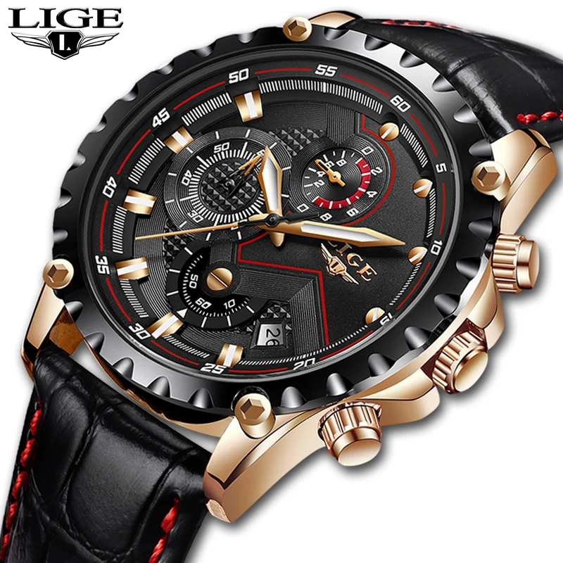 Relogio Masculino LIGE Mens Watches Top Brand Luxury Quartz Gold Watch Men Casual Leather ...