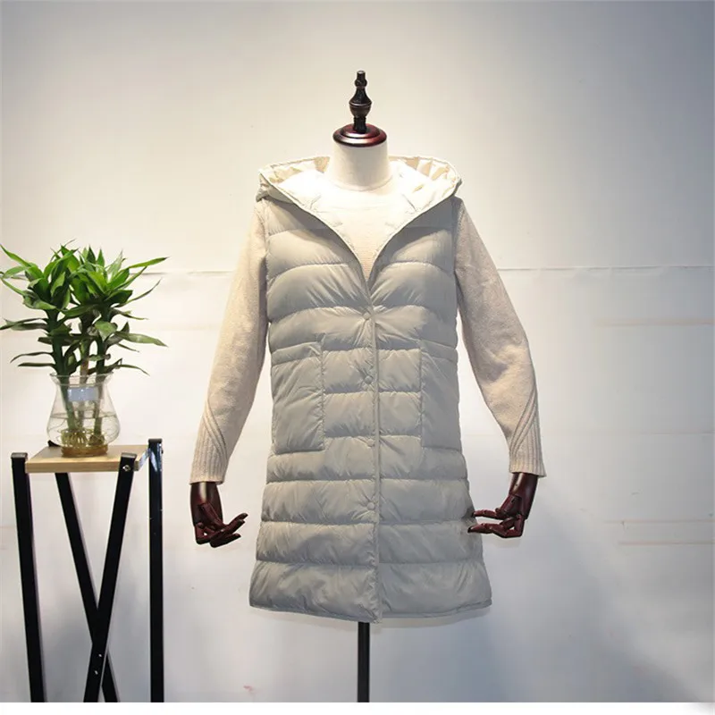 Sanishroly Spring Winter Women Hooded Sleeveless Waistcoat Ultra Light Duck Down Vest Female Midi Long Down Coat Parka Tops S416 - Color: khaki