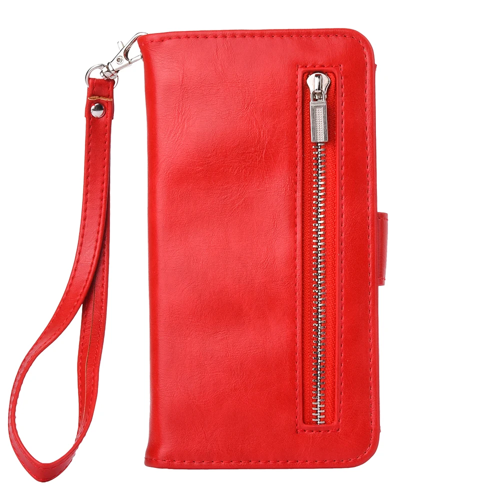 Кожаный чехол-кошелек на молнии для iPhone 11 11 Pro Max, магнитный чехол-книжка для iPhone Xs Max XR X 8 7 6 6S Plus, чехол с ремешком - Цвет: Красный