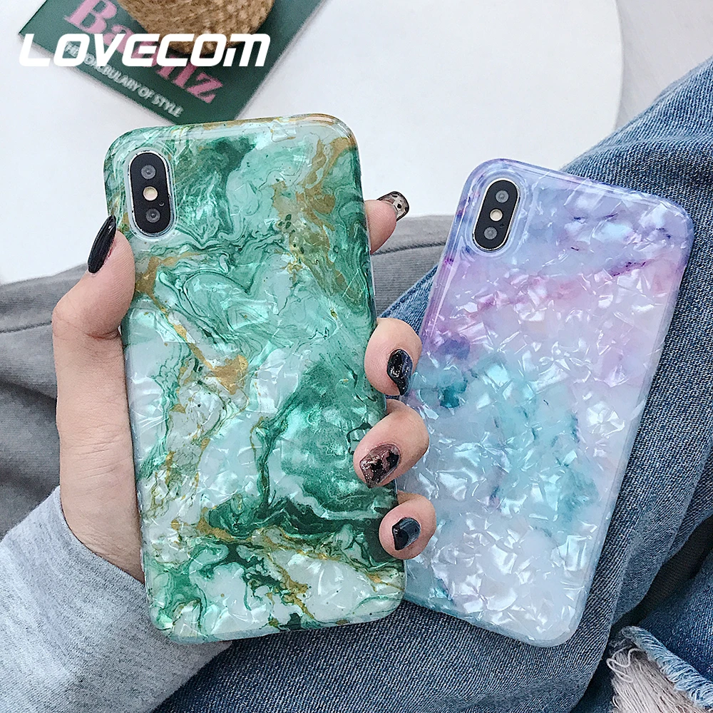 

LOVECOM Phone Case For iPhone 11 Pro Max XR XS Max 6 6S 7 8 Plus X Dream Conch Glossy Marble Soft IMD Full Body Back Cover Gifts