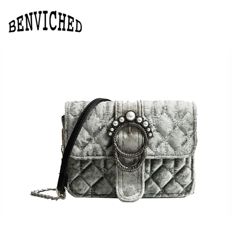 

BENVICHED 2019 new velvet pearl small square package women fashion temperament shoulder bag leisure wild Messenger bag R535