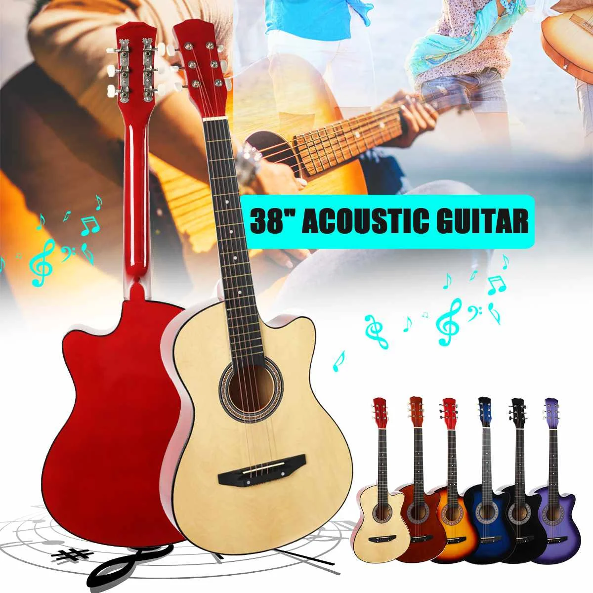 38 дюймов деревянная акустическая гитара для начинающих с гитарным ремешком, стальные струны, музыкальные инструменты, 6 цветов