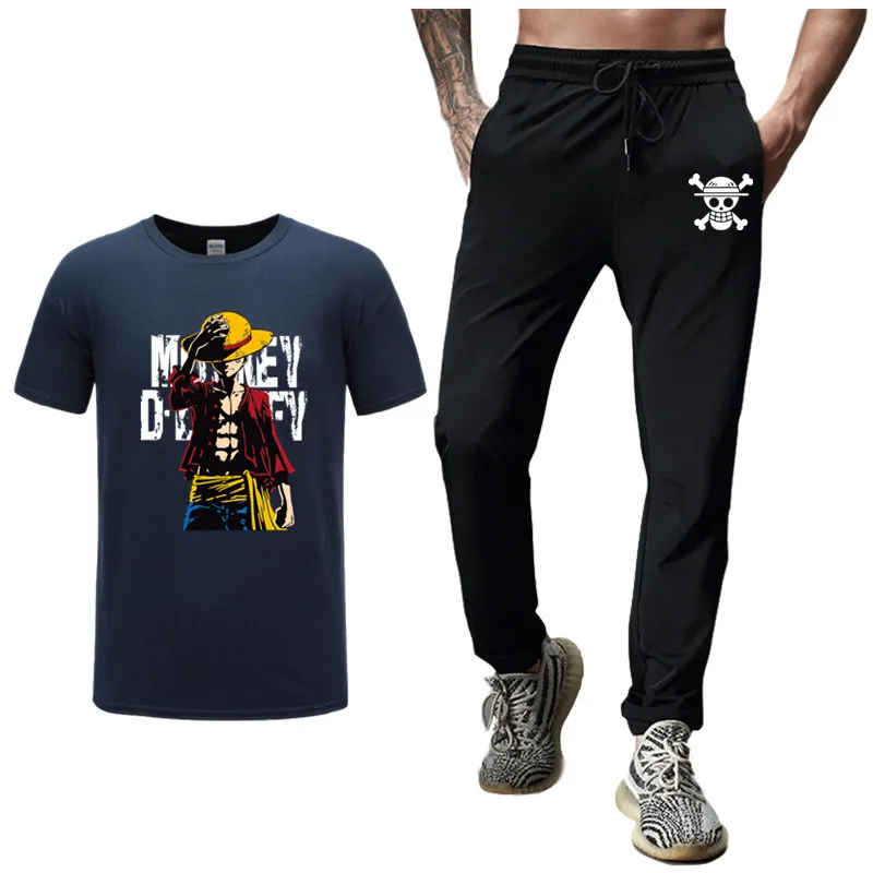 Одна деталь Луффи спортивный костюм модные комплекты Для мужчин футболка+ Штаны Повседневная Костюмы комплекты из 2 предметов футболка аниме летние мужские футболки - Цвет: Navy