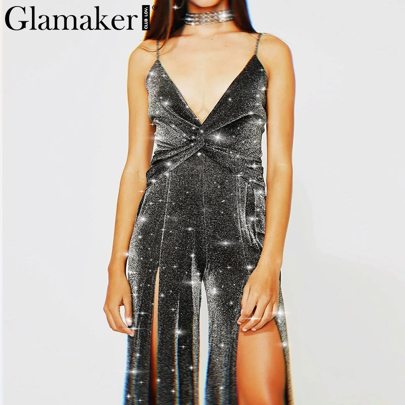Glamaker Birght yarn side split sexy jumpsuit Women v neck backless jumpsuit rompers Spring elegant streetwear playsuit overalls