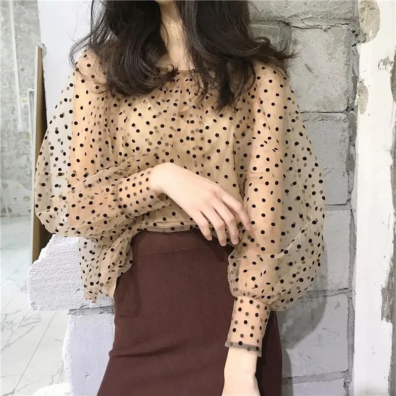 

Yfashion 2pcs Fairy Chiffon Blouse Women Retro Dots Printing Blouses + Apricot Tops Fashion Women Blouse Female