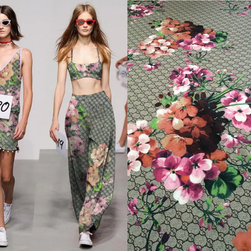 Goedkoop Europa en de Verenigde Staten catwalk stof 145 cm breed geranium print stof DIY handgeschilderde rok shirt stof hoge kwaliteit