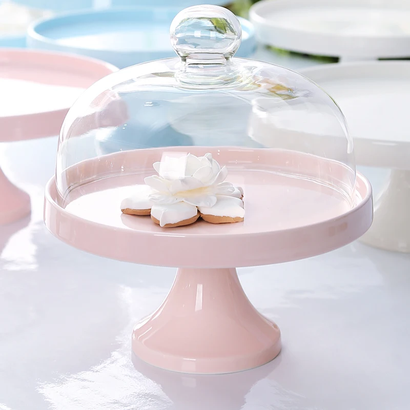

European Wedding Ceramics Tray For Cake Fruit Dessert Tea For Home Cake Store Birthday Party Hotel With Glass Cover