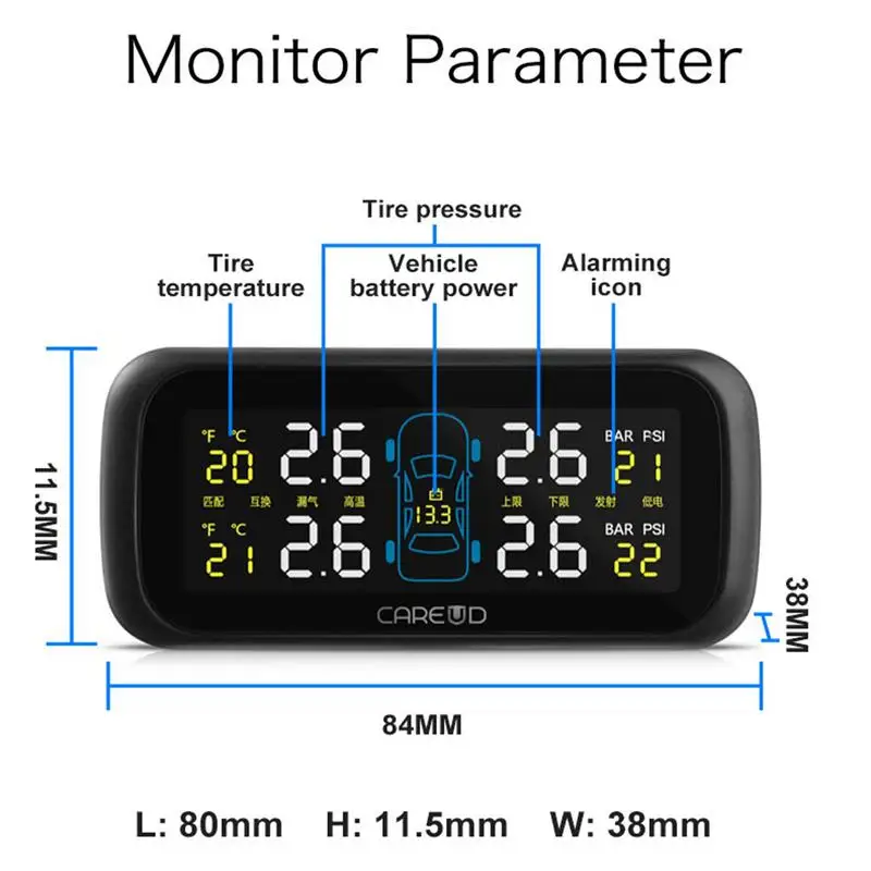 

4ps CAREUD U903 Car Wireless TPMS Tire Pressure Monitoring System With 4 External Replaceable Battery Sensors LCD Display Butt