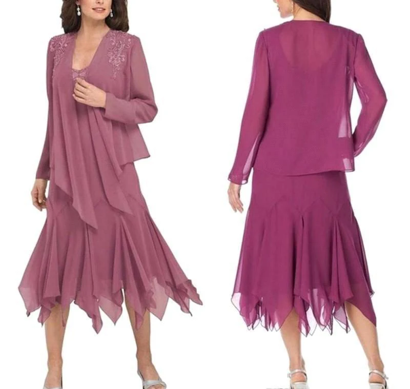Nieuwe Chiffon Moeder van Bruid Suits Jurk Lange Mouwen Jas Kant Applique Thee Lengte Bruiloft Gast Jurk Formele Avondjurk Nieuwe Chiffon Moeder van Bruid Suits Jurk Lange Mouwen Jas Kant Applique Thee Lengte Bruiloft Gast Jurk Formele Avondjurk
