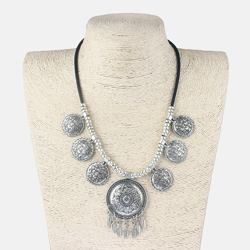 

Antique Silver Relief Sun Flower Tassel Charm Pendant Ethnic Tribal Boho Bohemian Necklace for Women Gift 18''+5cm