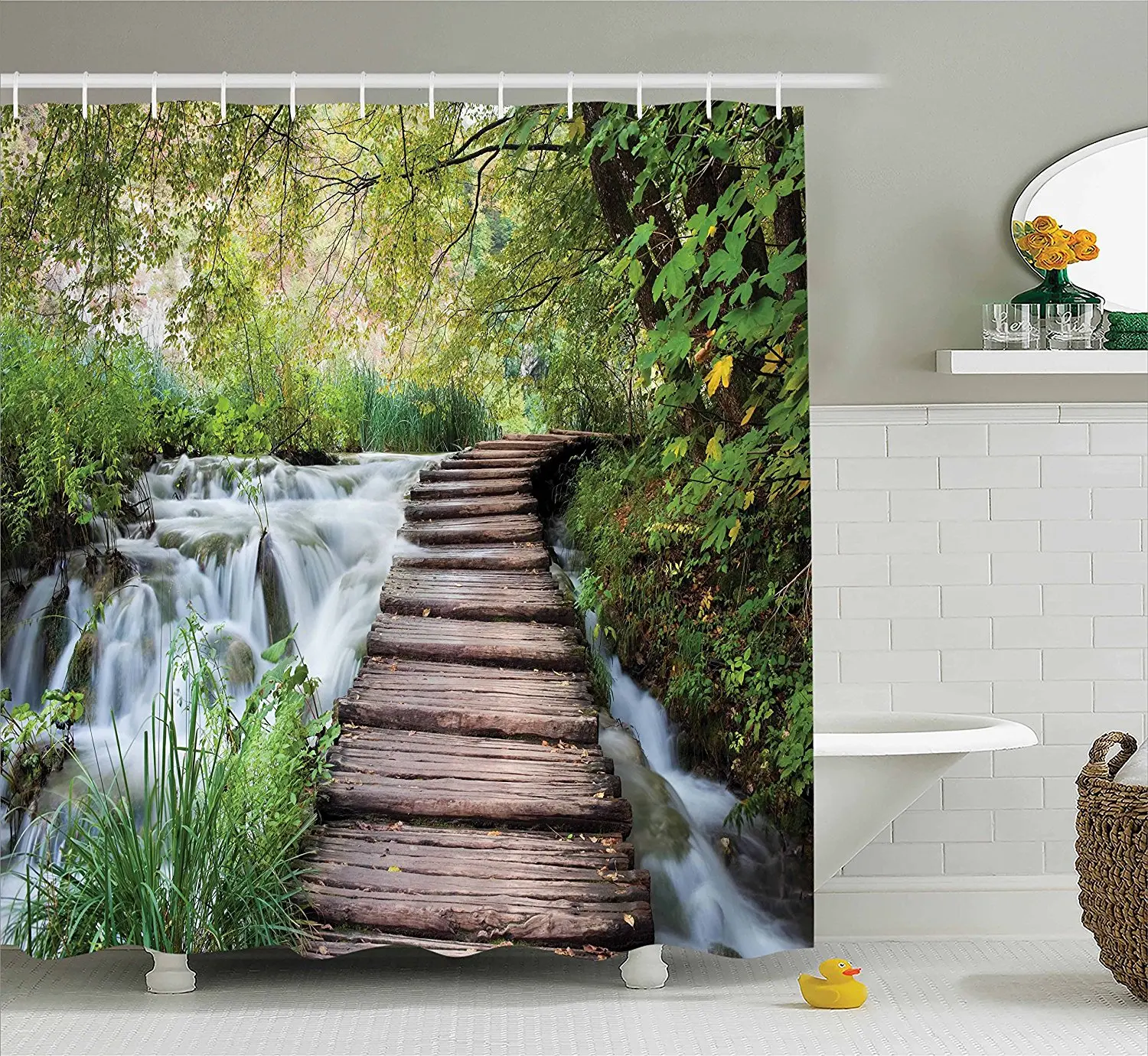 

House Decor Shower Curtain Wooden Footbridge Along the Stream in Greenery Jungle Waterscape Scenery Polyester Fabric Bath Decor